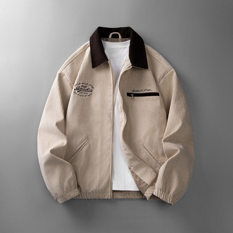 Men's ribbed corduroy zip jacket with contrasting collar and pockets