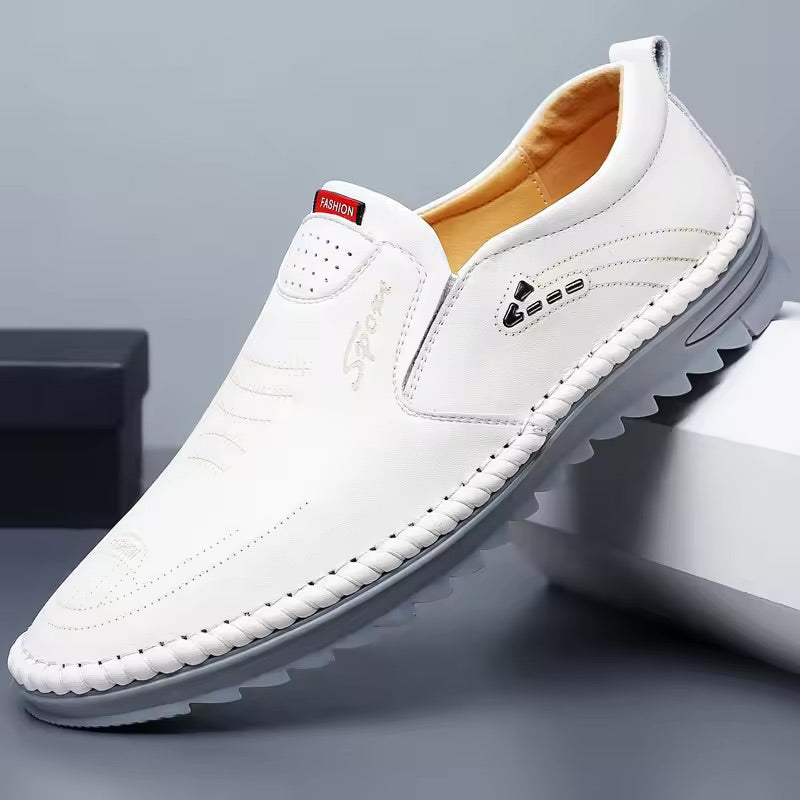 Men's Leather Loafers Slip-On Stitched Detail - White