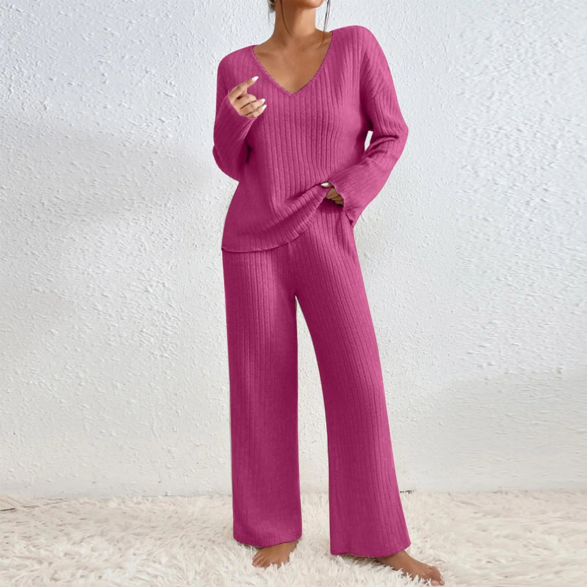 Women's ribbed knit lounge set with V-neck long-sleeve jumper and wide-leg trousers