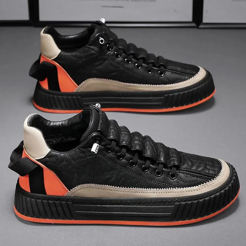 Men's Trainers Quilted Lace-Up Platform Sole - Black And Orange