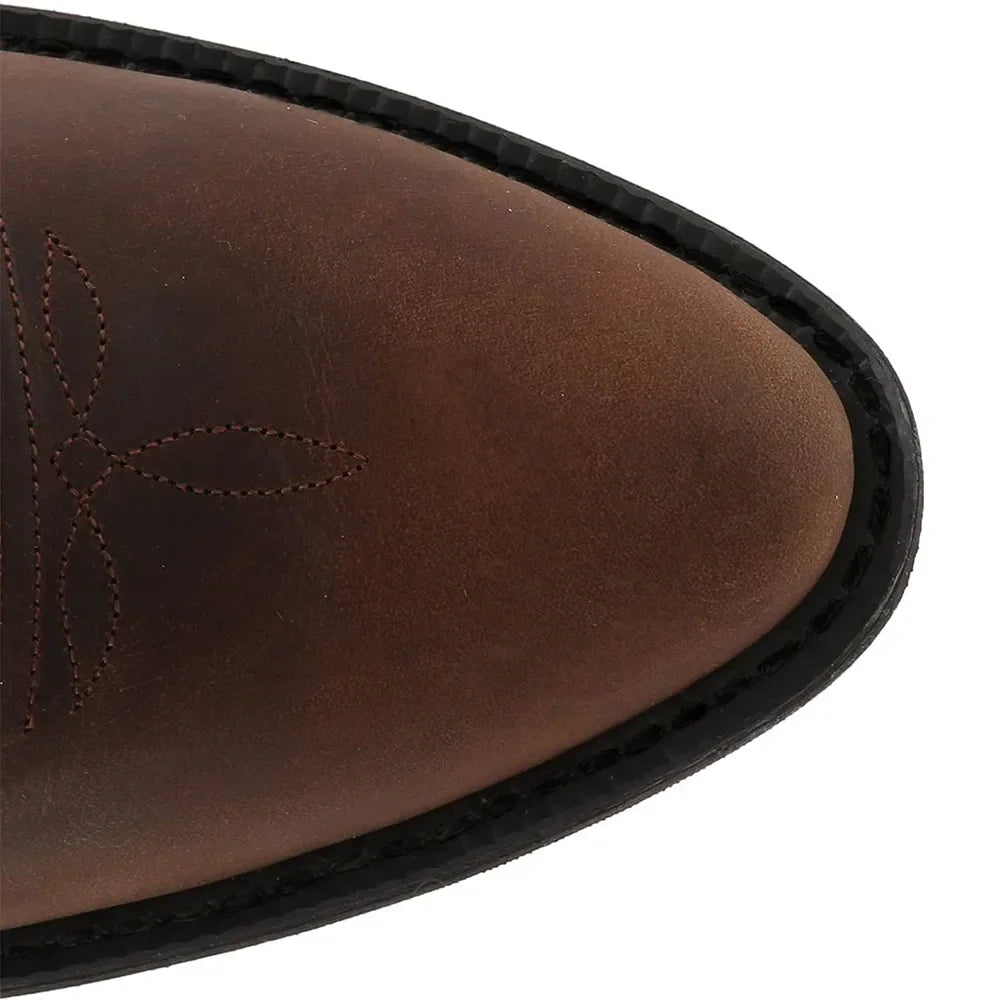 Men's tall cowboy boots with embroidered shafts, pointed toes and low heels