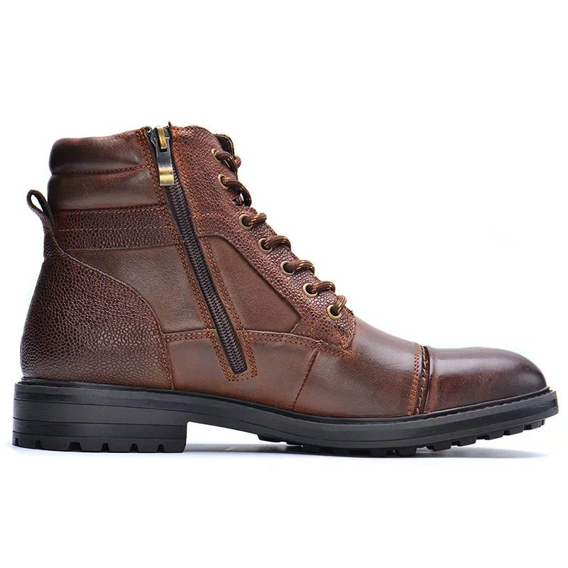 Men's Leather Boot Lace-Up Side Zip - Brown