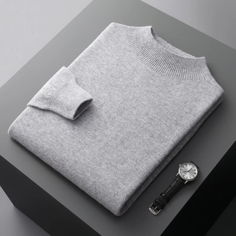 Men's Jumper Mock-Neck Soft Knit Relaxed Fit - Light Grey