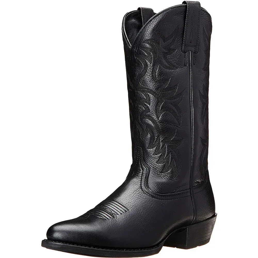 Men's tall cowboy boots with embroidered shafts, pointed toes and low heels