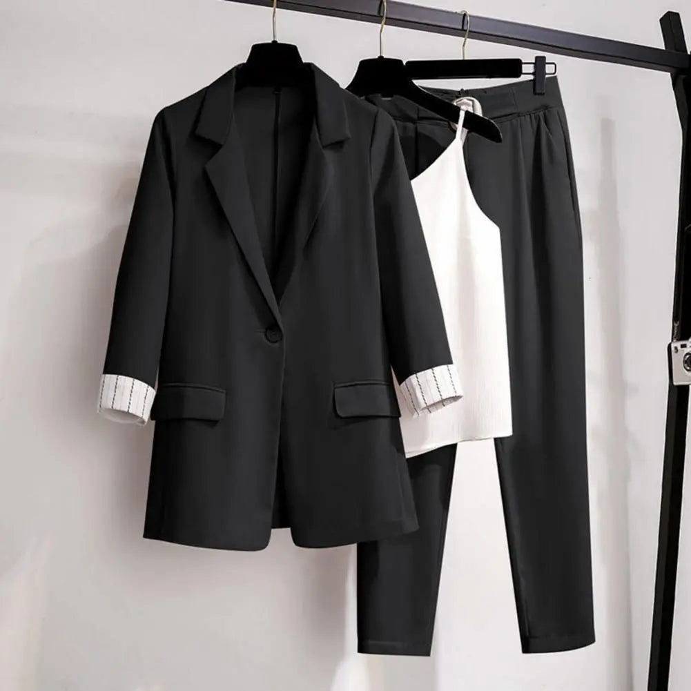 Women's three-piece blazer, camisole and straight trousers set