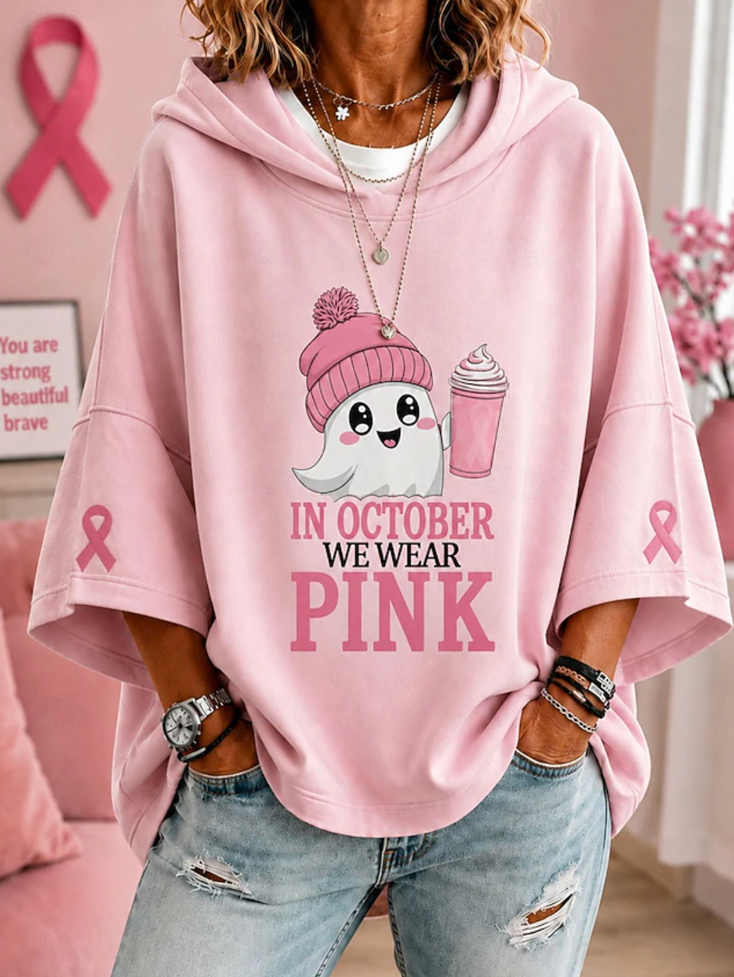 Women's short-sleeve hooded sweatshirt with October pink ribbon graphic