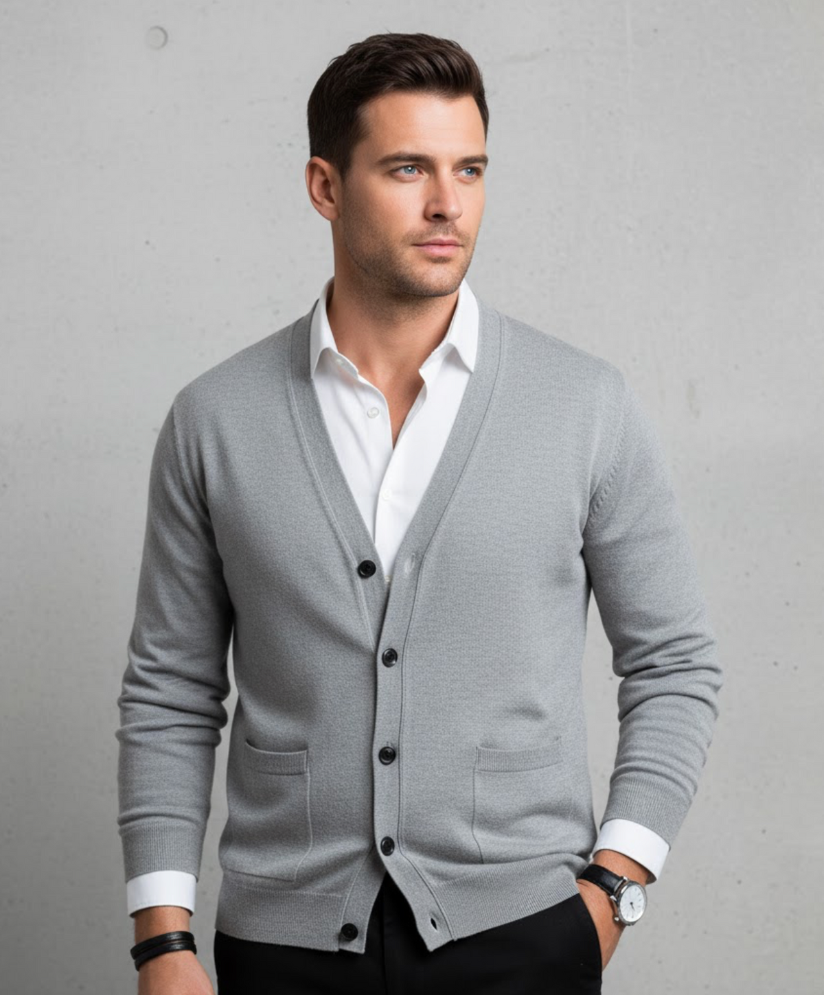 Men's long-sleeve V-neck button cardigan layered over a white shirt