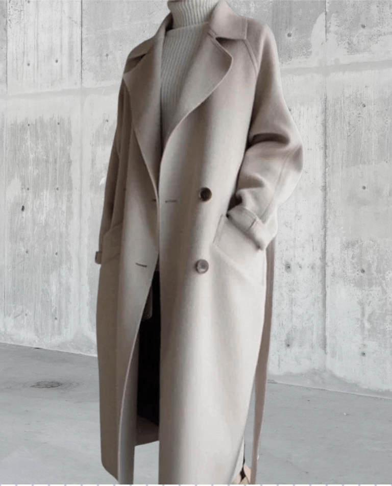 Women's long plain tailored coat with lapel collar and button front