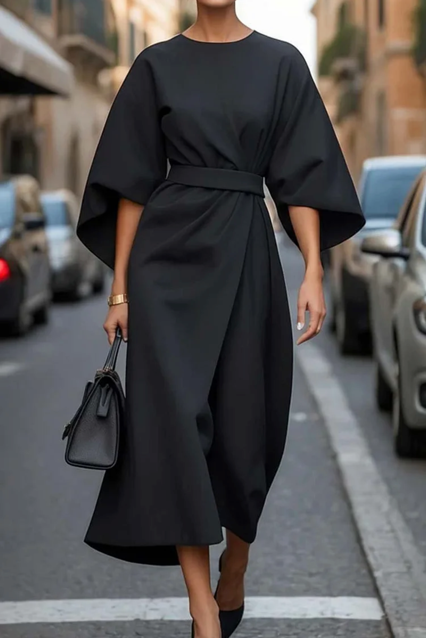 Women's Lantern Sleeve Belted Midi Dress