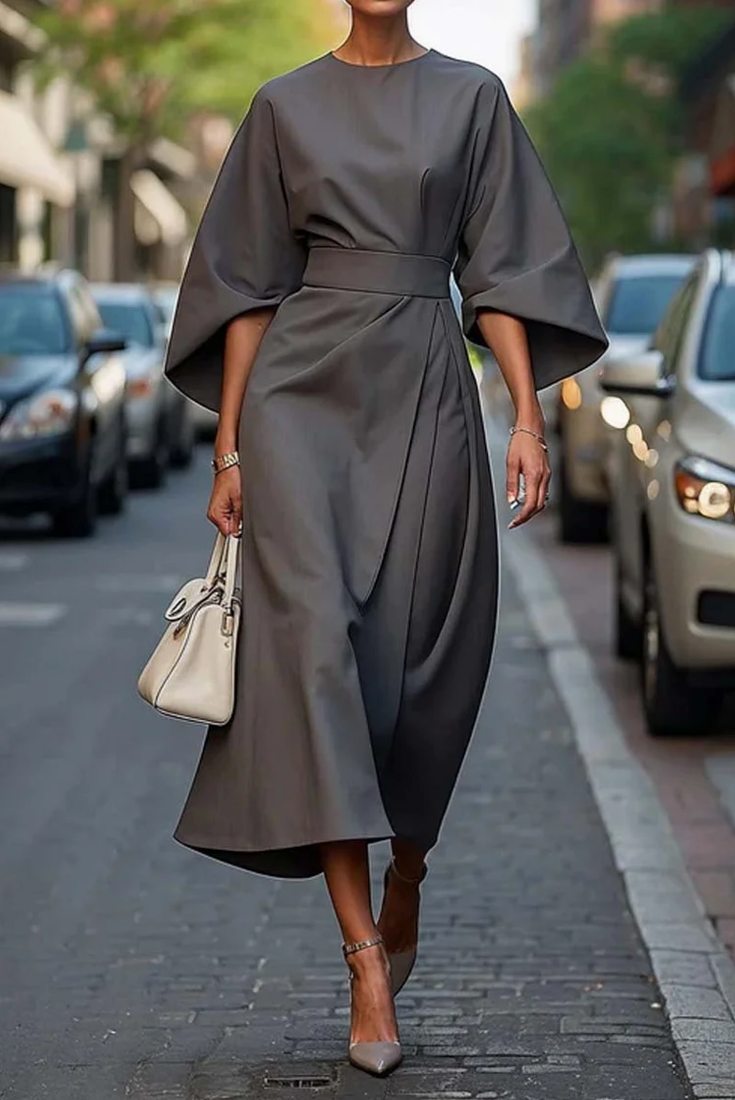 Women's Lantern Sleeve Belted Midi Dress