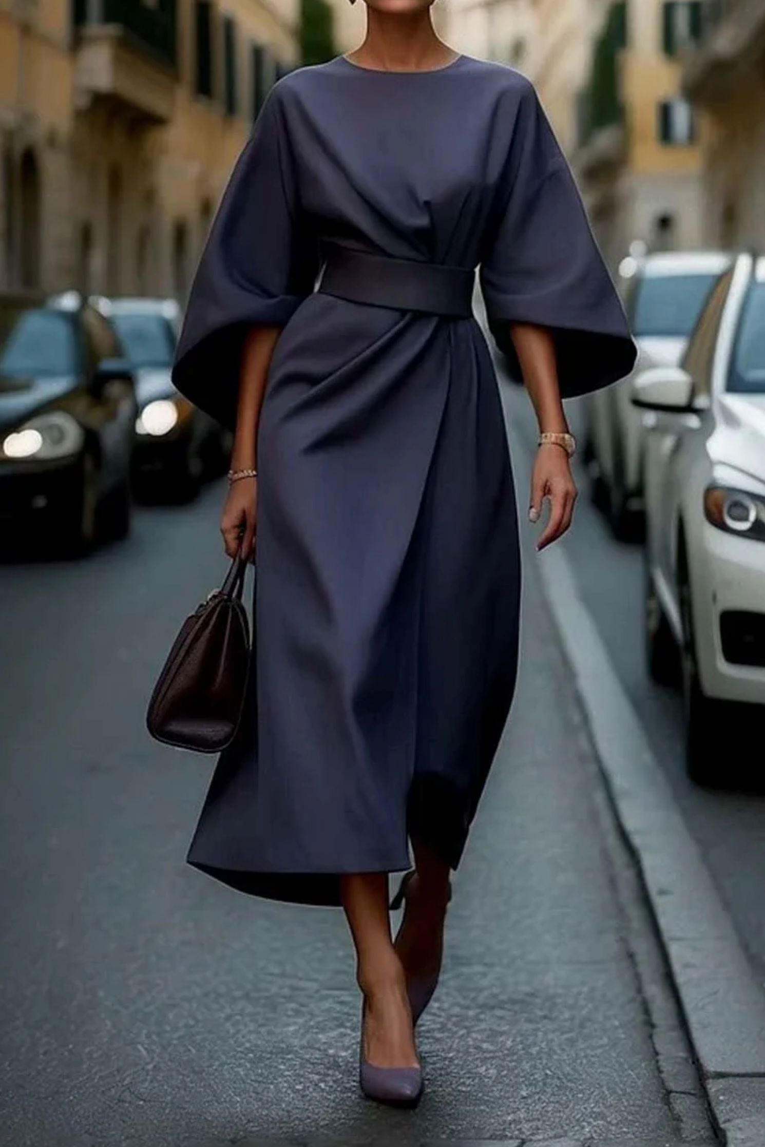 Women's Lantern Sleeve Belted Midi Dress