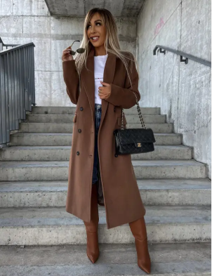 Women's longline belted double-breasted trench coat with lapel collar and long sleeves