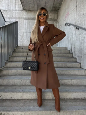 Women's longline belted double-breasted trench coat with lapel collar and long sleeves
