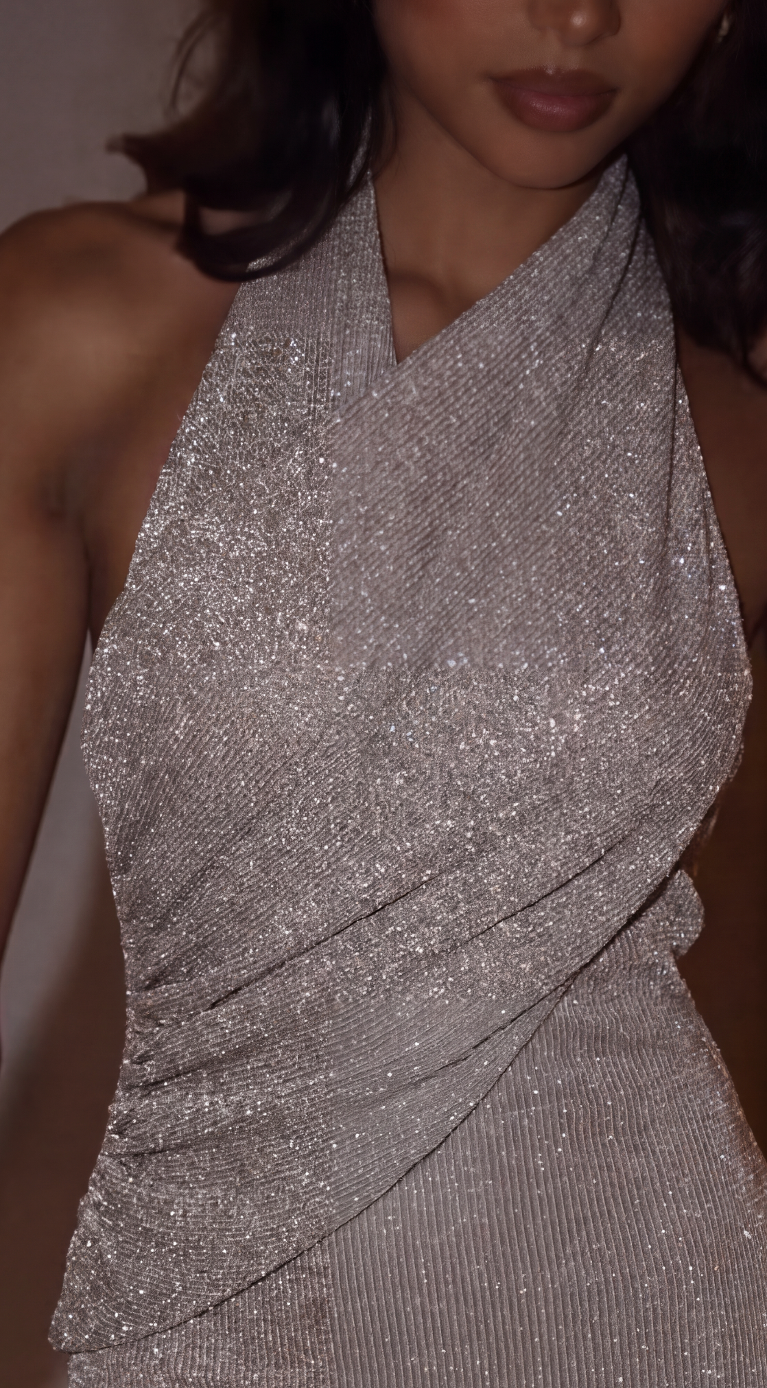 Women's silver halter wrap maxi dress with ruched waist and shimmering ribbed finish