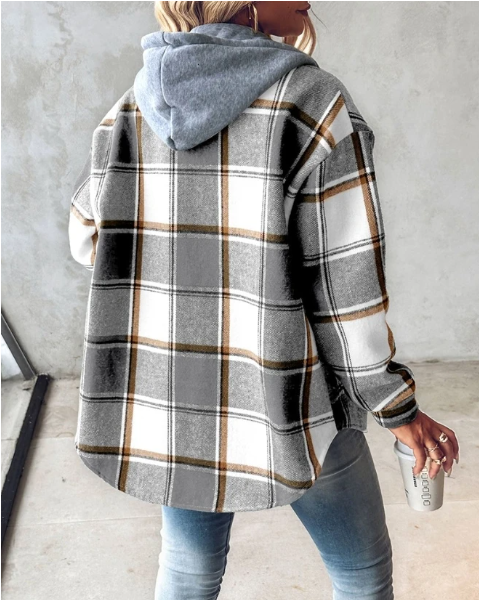 Women's checked hooded shirt jacket with button front and long sleeves