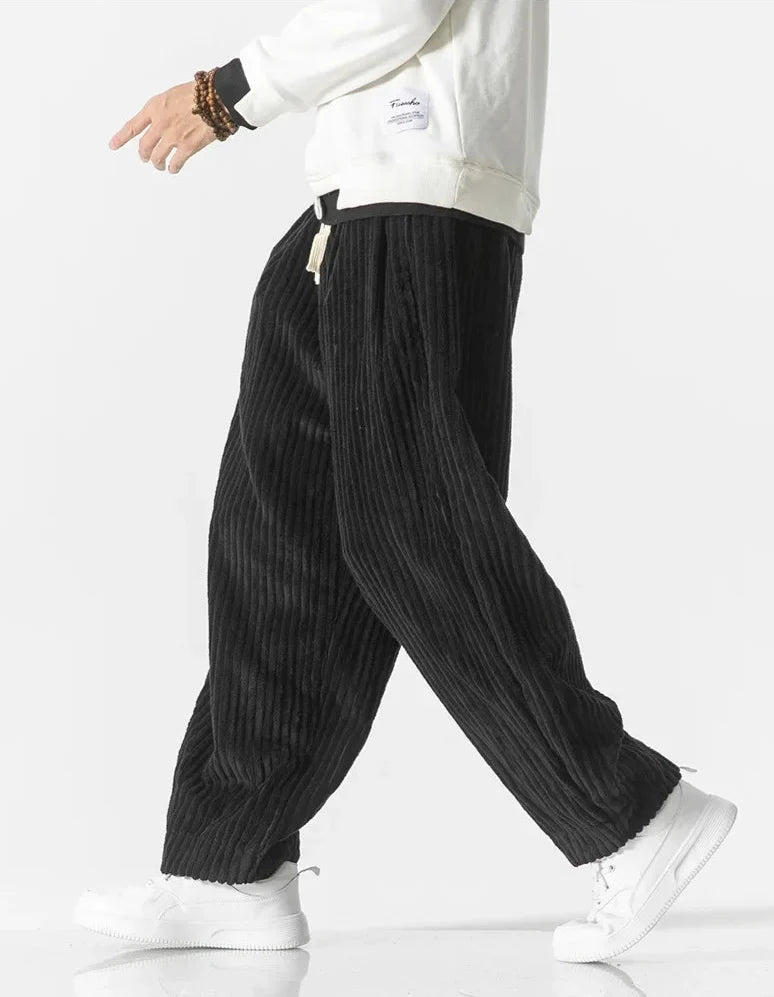 Men's wide-leg ribbed corduroy trousers with elasticated drawstring waist