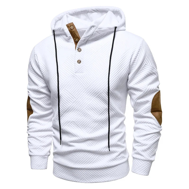 Men's textured hooded jumper with button placket and contrasting elbow panels