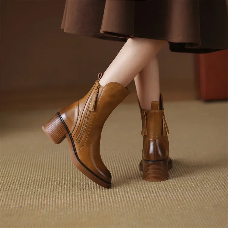 Women's solid ankle boots with side zips and stacked block heels