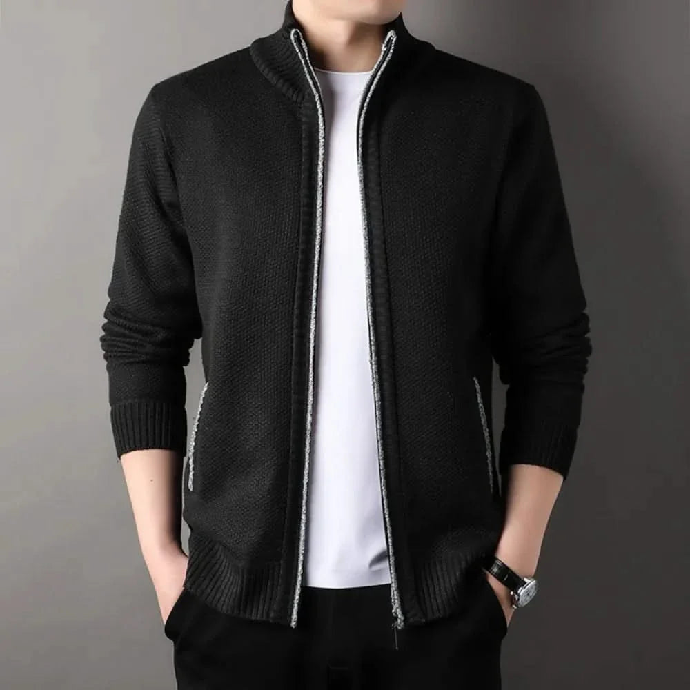 Men's textured knit jacket with mock neck, zip front and side pockets