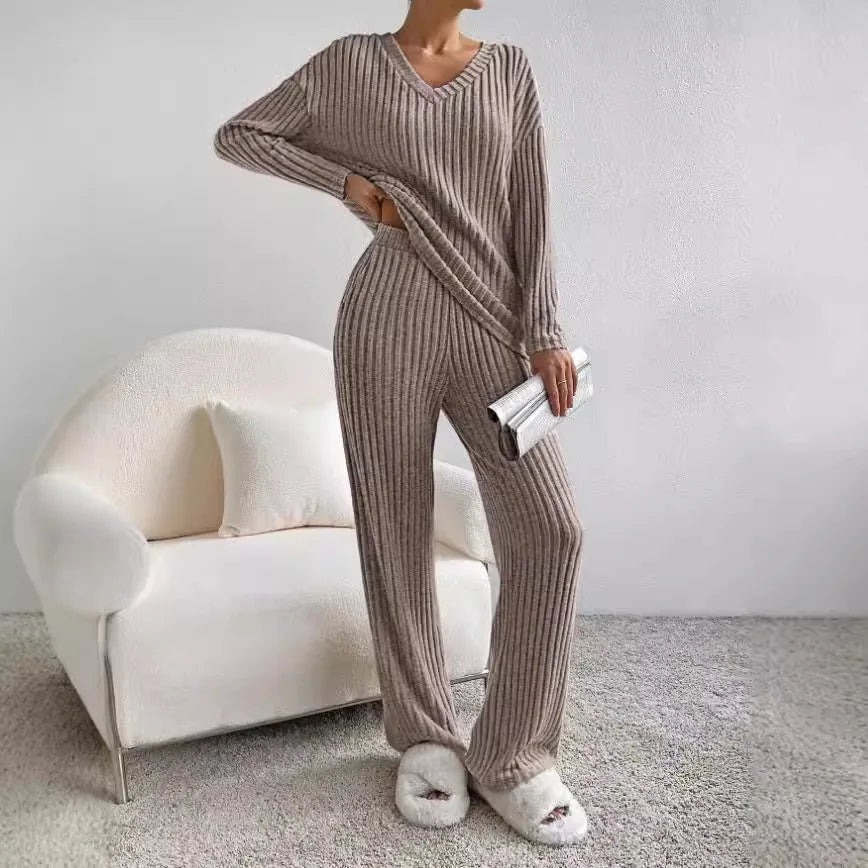 Women's ribbed knit lounge set with V-neck long-sleeve jumper and wide-leg trousers