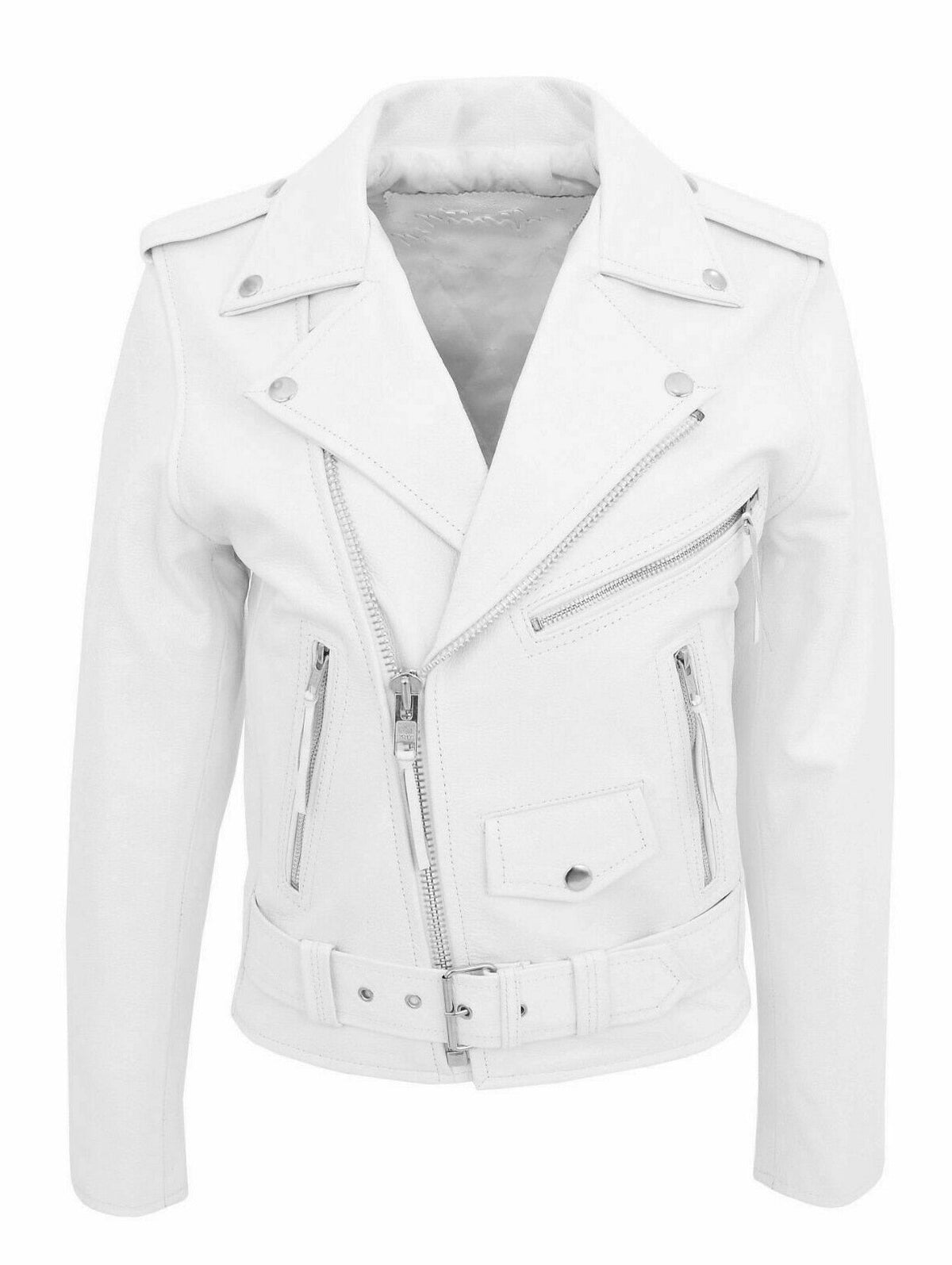 Men's fitted biker jacket with notched collar, asymmetric zip and buckled waist belt