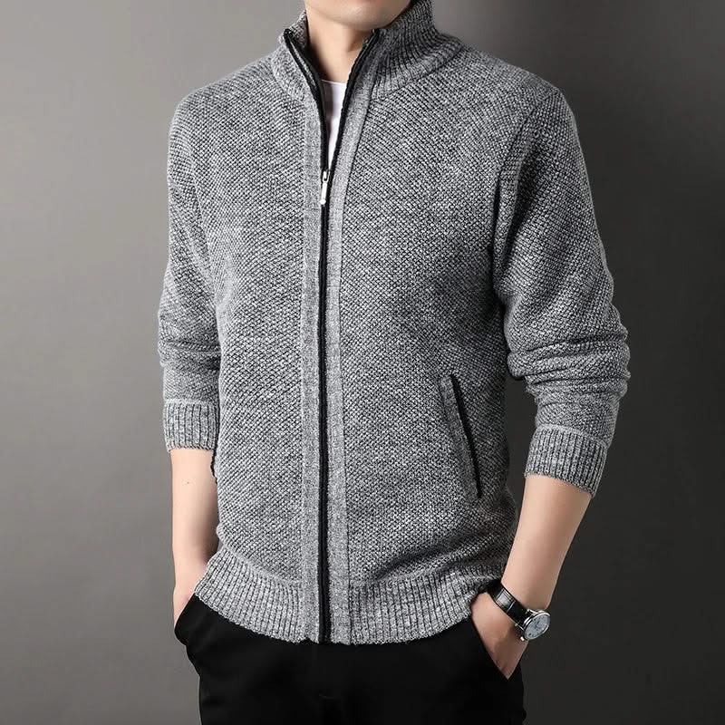 Men's textured knit jacket with mock neck, zip front and side pockets
