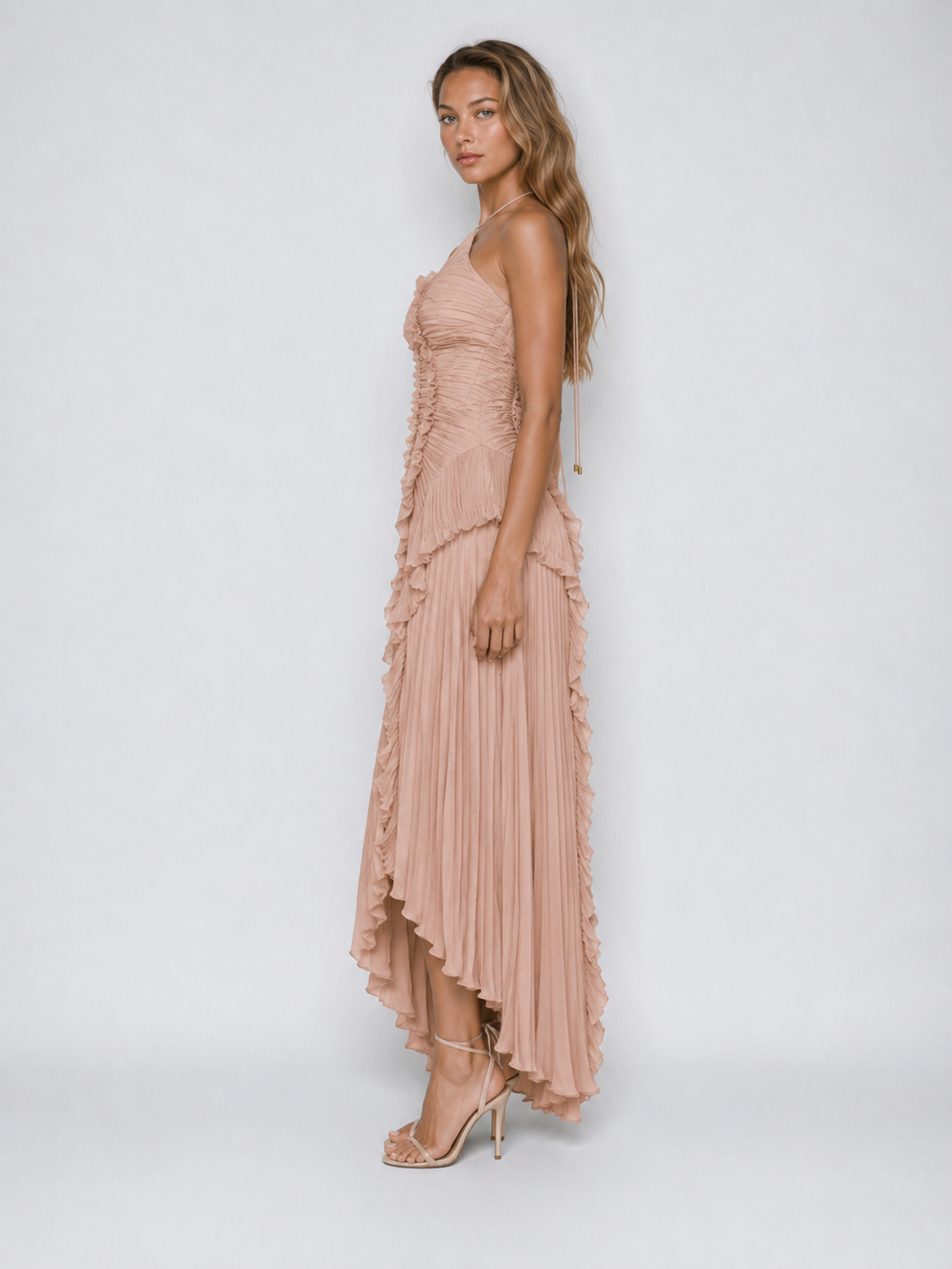 Women's Maxi Dress Pleated Ruffle Halter Neck