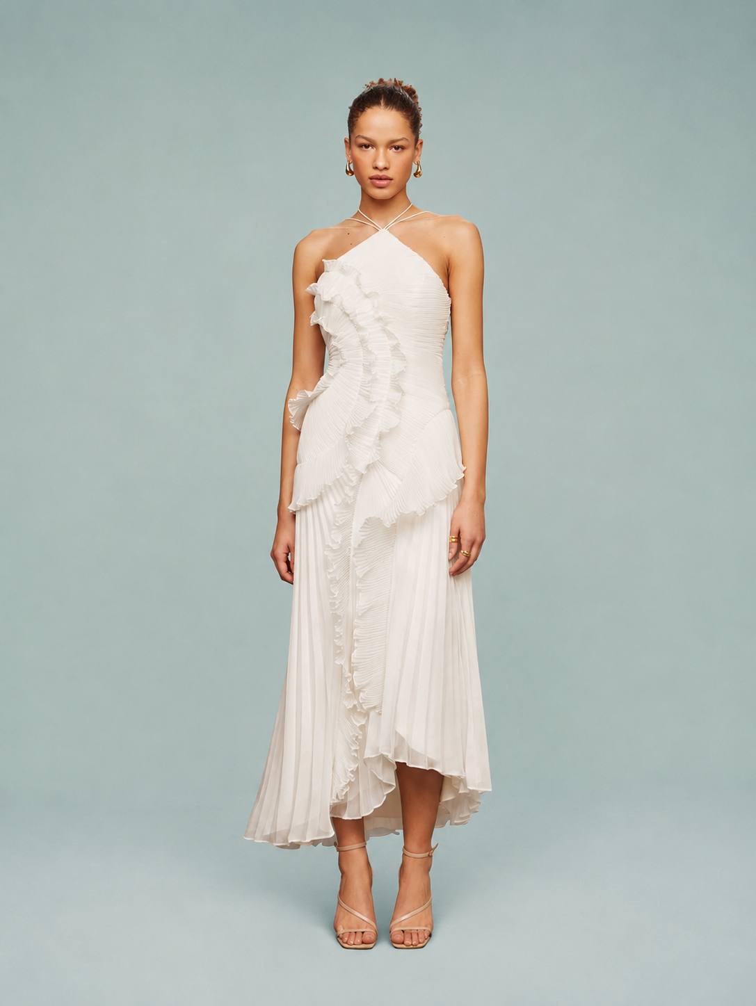 Women's Maxi Dress Pleated Ruffle Halter Neck