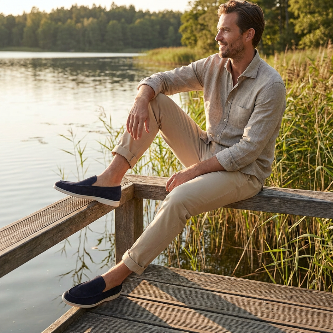 Men's slip-on loafers with stitched moc-toe detailing and contrasting soles