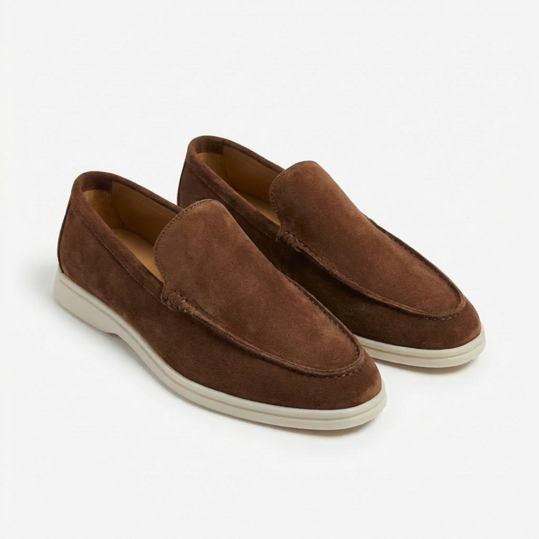 Men's slip-on loafers with stitched moc-toe detailing and contrasting soles