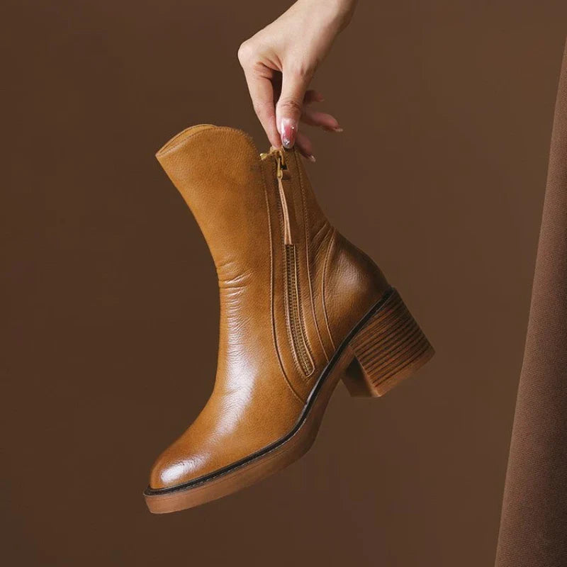 Women's ankle boots with side zips, almond toes and mid block heels
