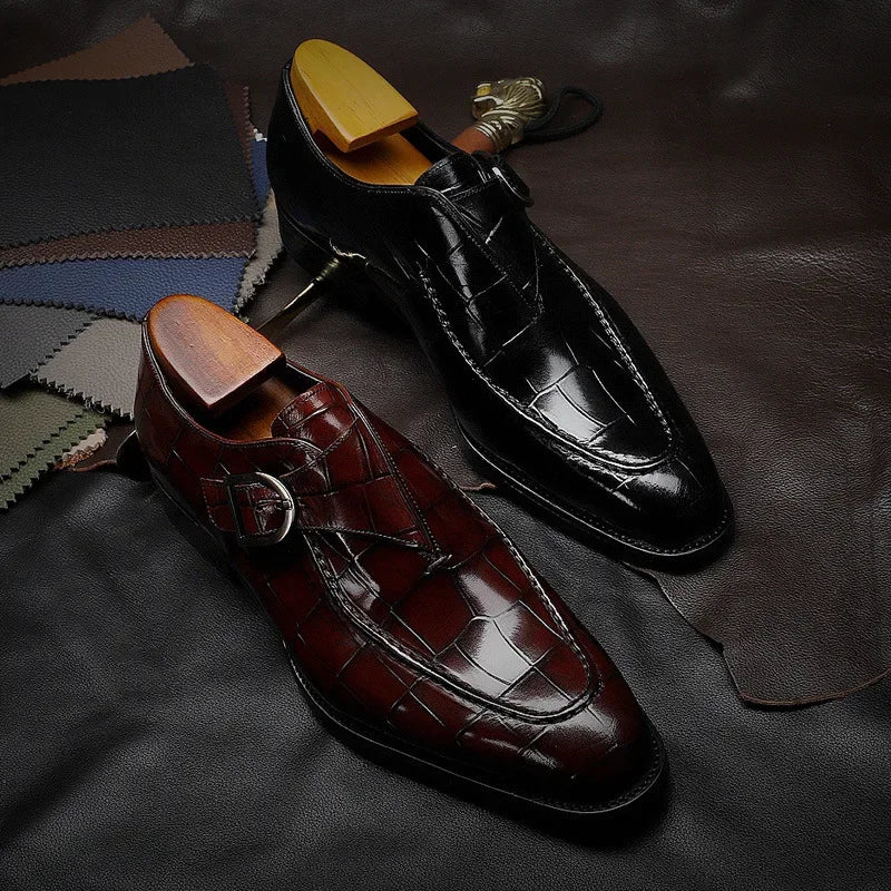 Men's glossy crocodile-texture buckle loafers with low heels
