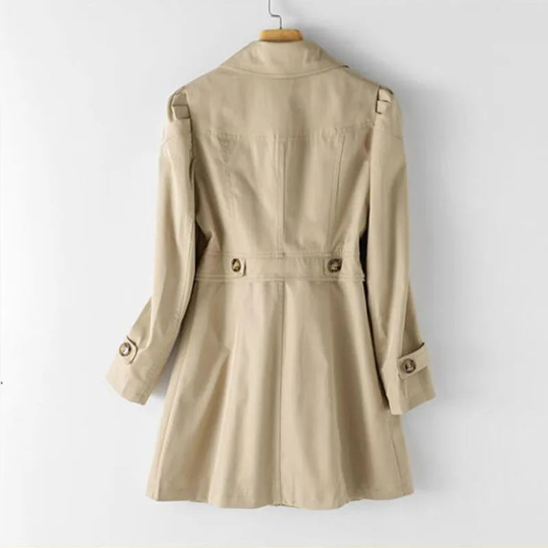 Women's double-breasted trench coat with notched collar and long sleeves
