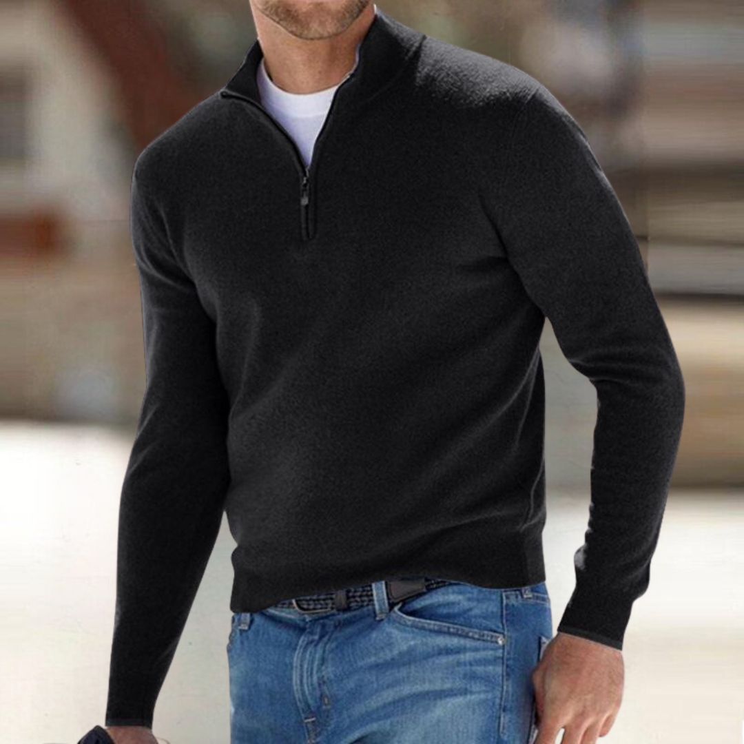 Men's long-sleeved quarter-zip jumper with a raised stand collar