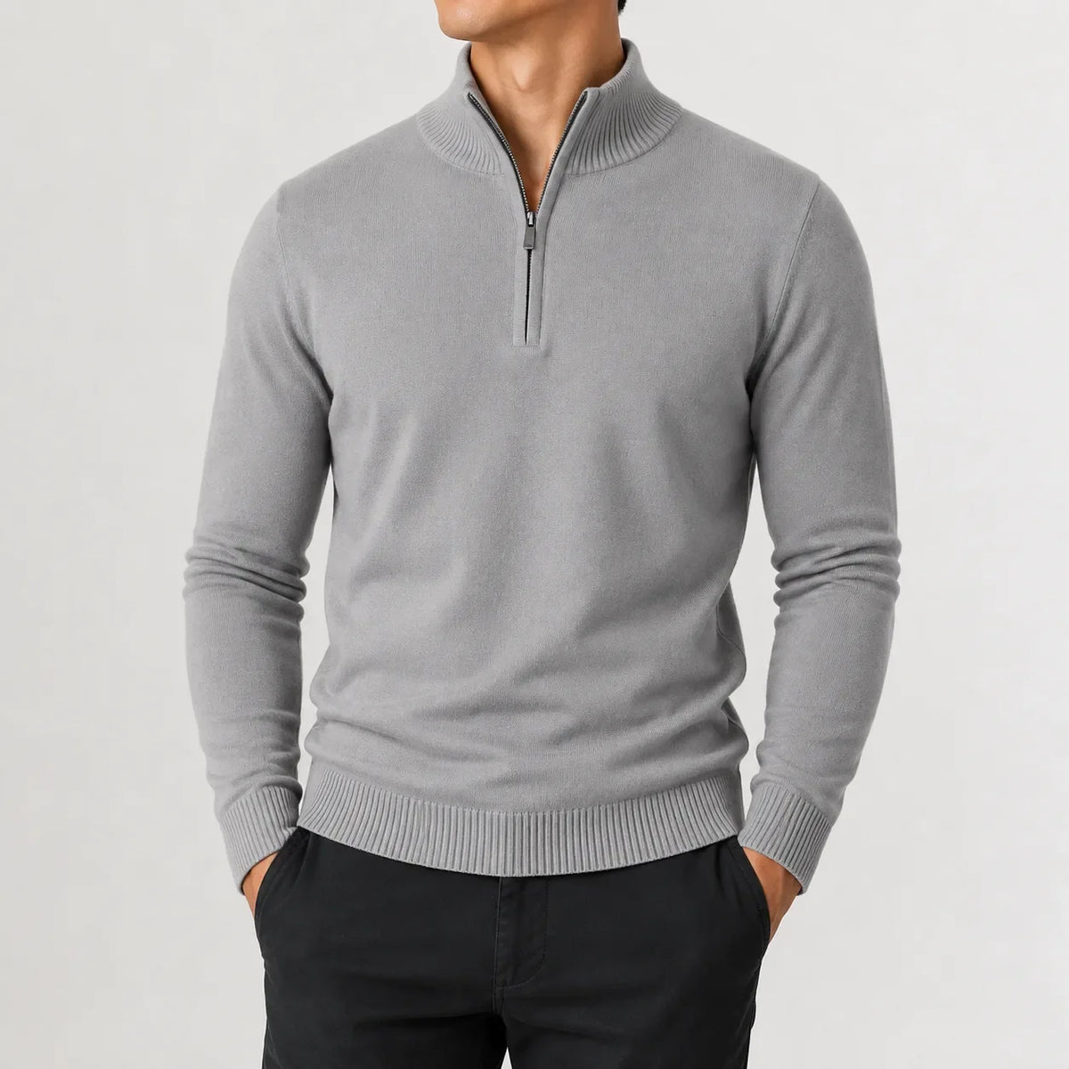 Men's long-sleeve mock neck zip-up jumper with ribbed trims