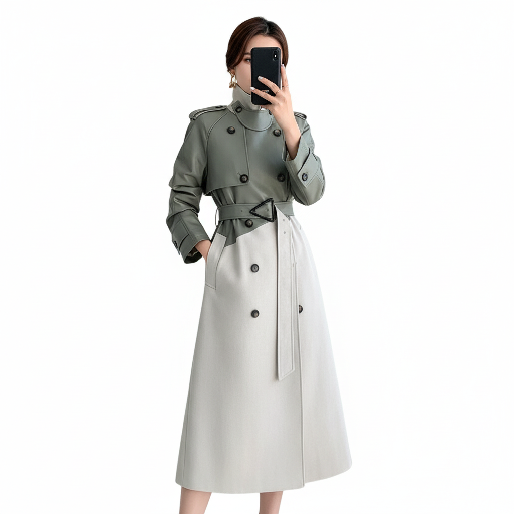 Women's two-tone green-grey and light grey belted midi trench coat