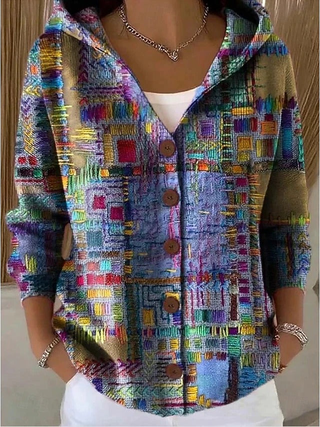 Women's multicoloured abstract hooded cardigan with button front and pockets