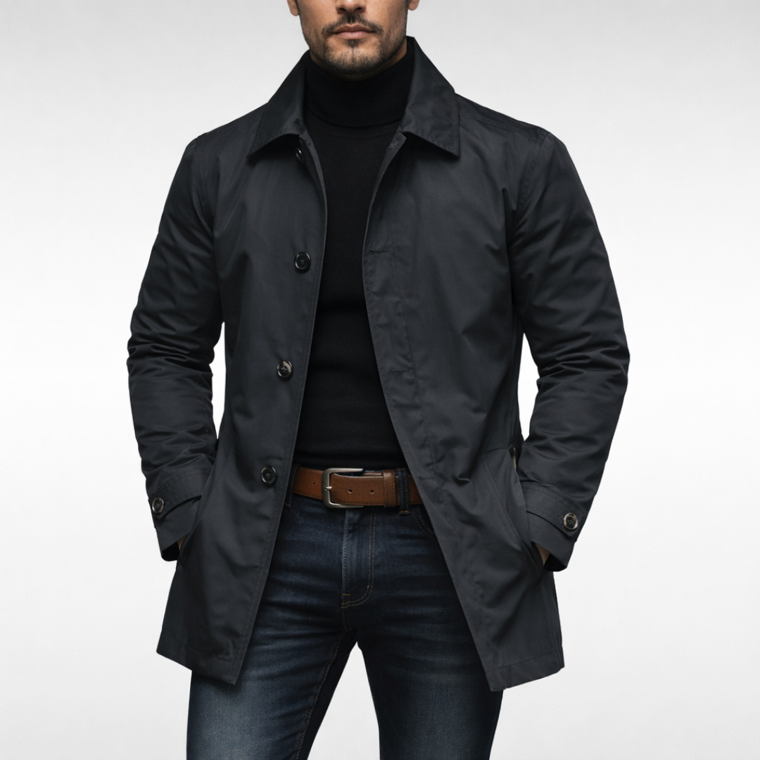 Men's button-front trench coat with notched collar and long sleeves