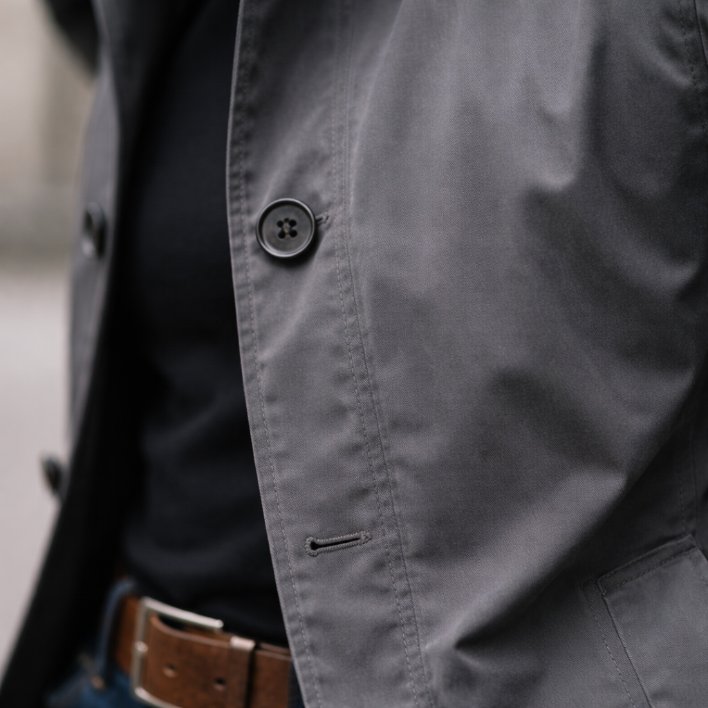 Men's button-front trench coat with notched collar and long sleeves