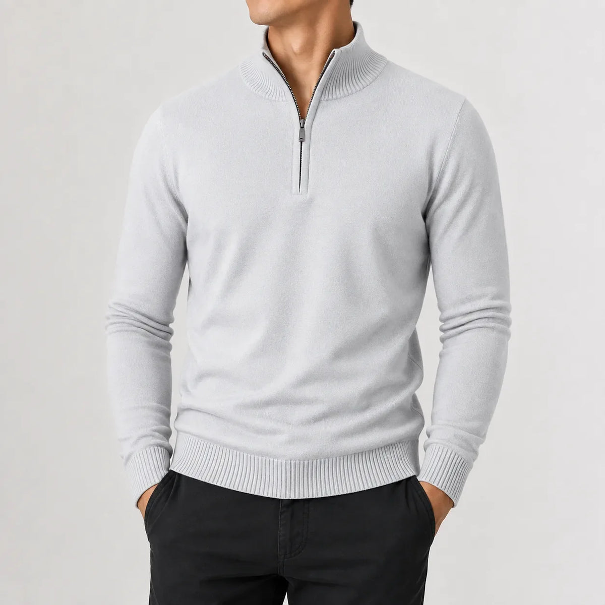 Men's long-sleeve mock neck zip-up jumper with ribbed trims