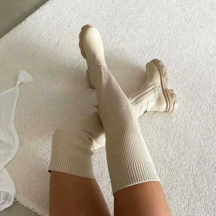 Women's Over-Knee Boots Ribbed Knit Chunky Sole - Beige
