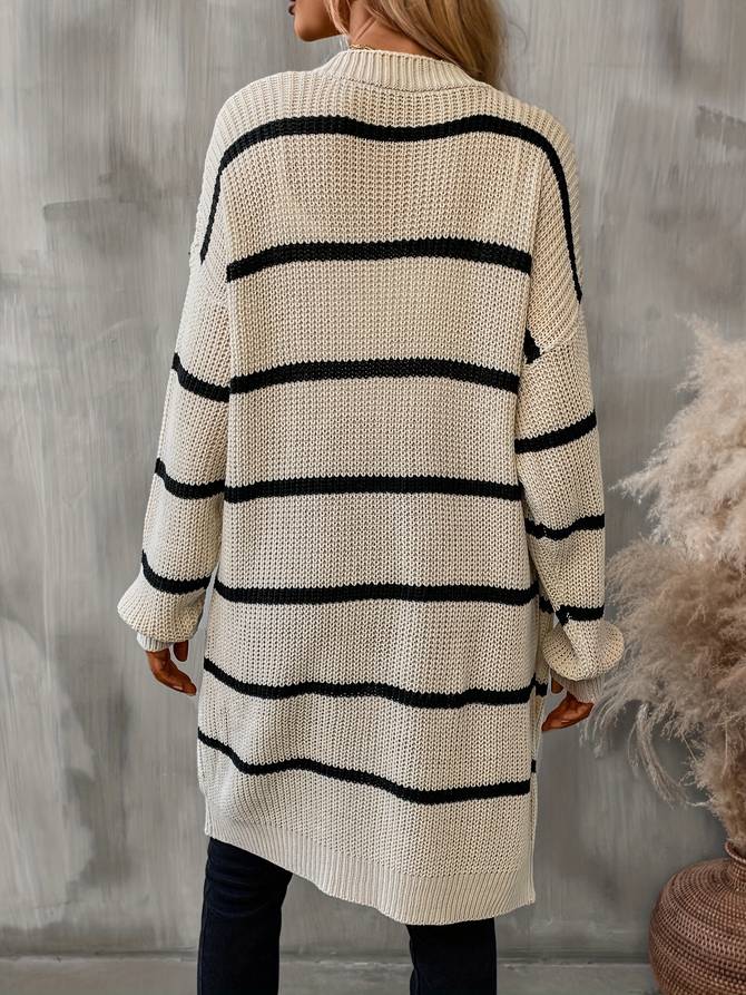 Women's long open-front cardigan with contrasting horizontal stripes