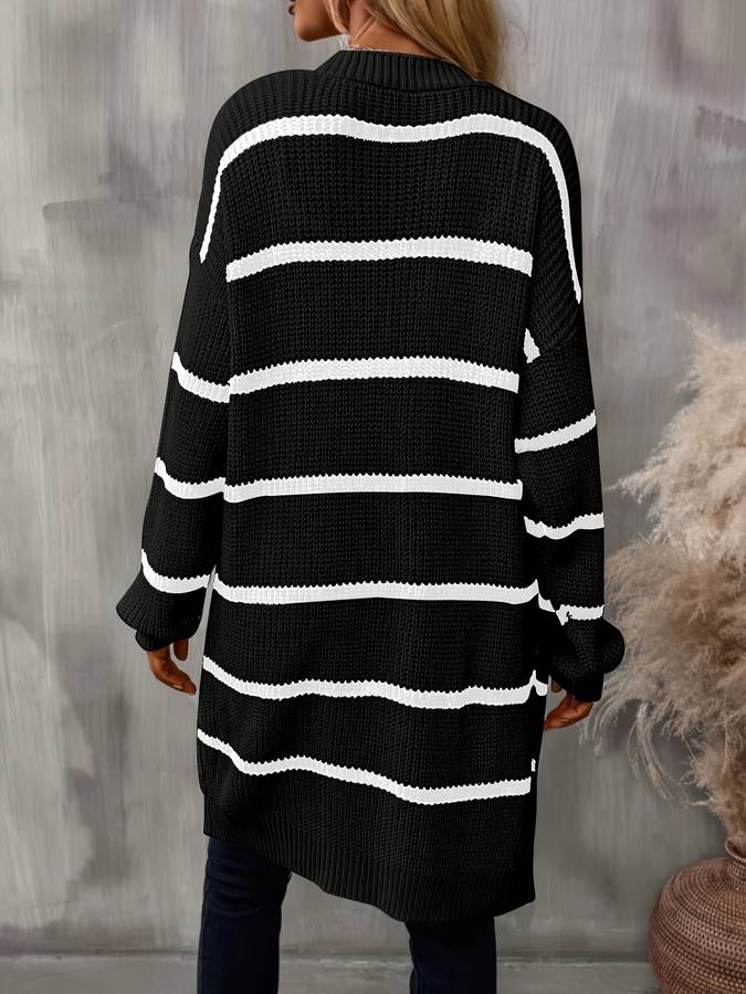 Women's long open-front cardigan with contrasting horizontal stripes
