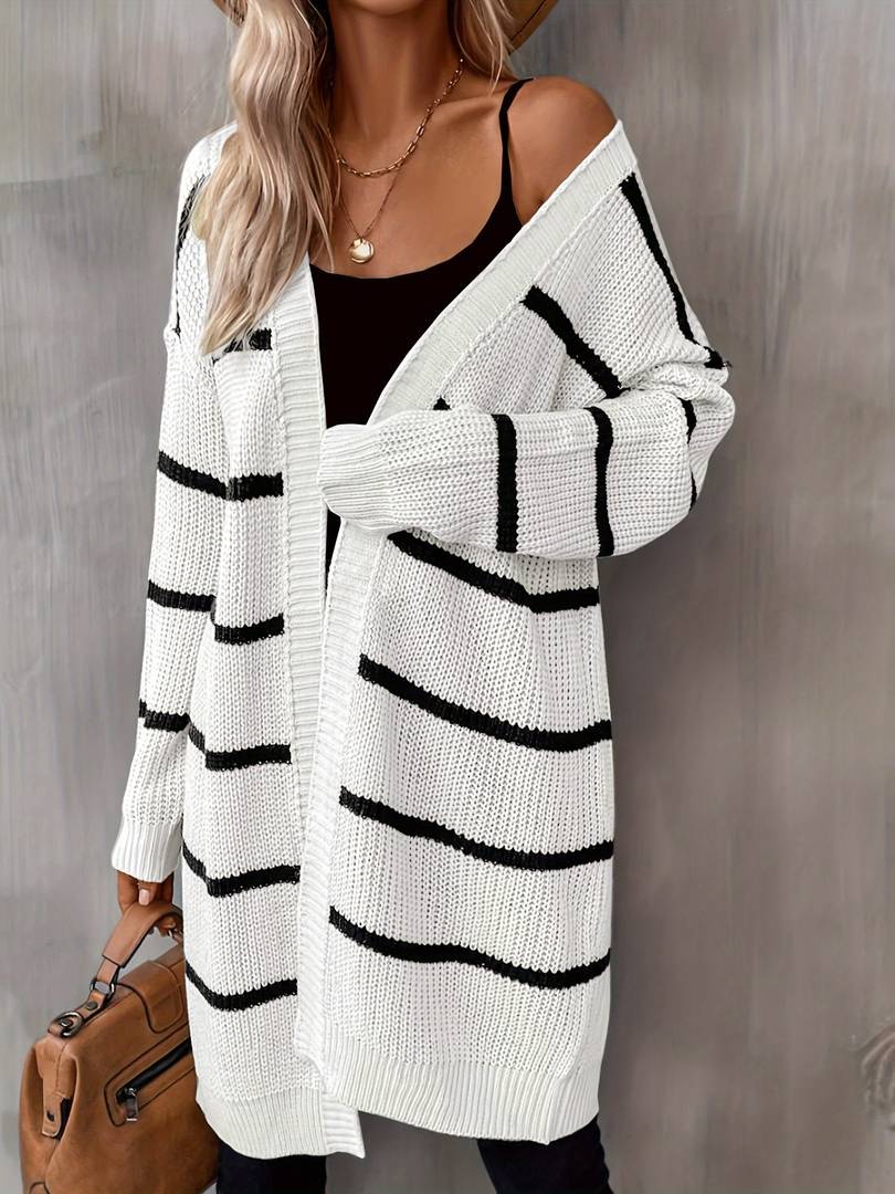 Women's long open-front cardigan with contrasting horizontal stripes