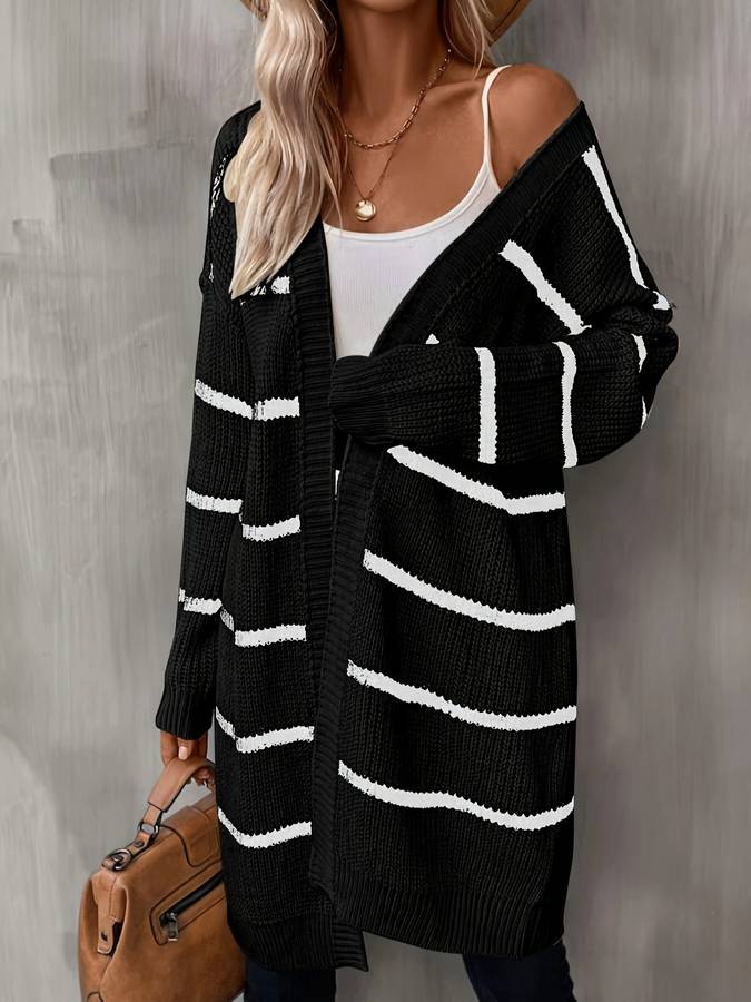 Women's long open-front cardigan with contrasting horizontal stripes