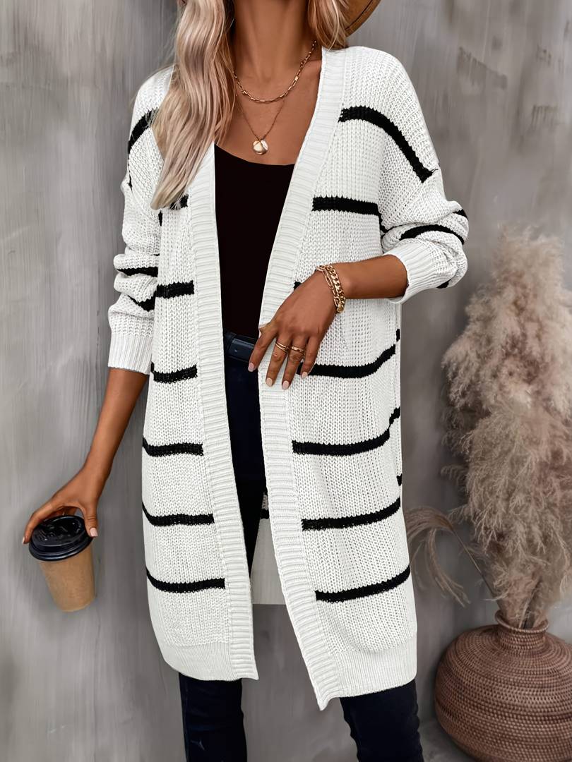 Women's long open-front cardigan with contrasting horizontal stripes