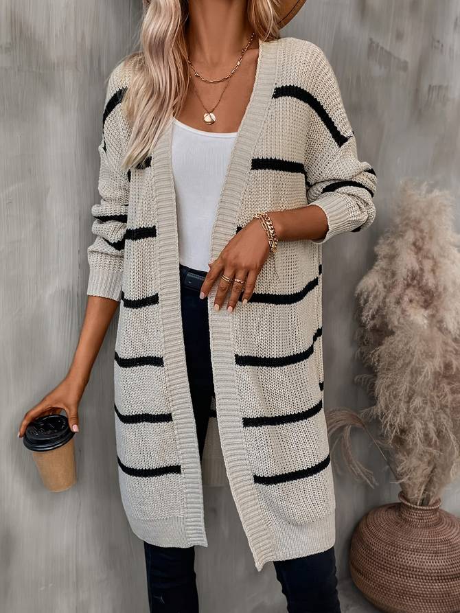 Women's long open-front cardigan with contrasting horizontal stripes