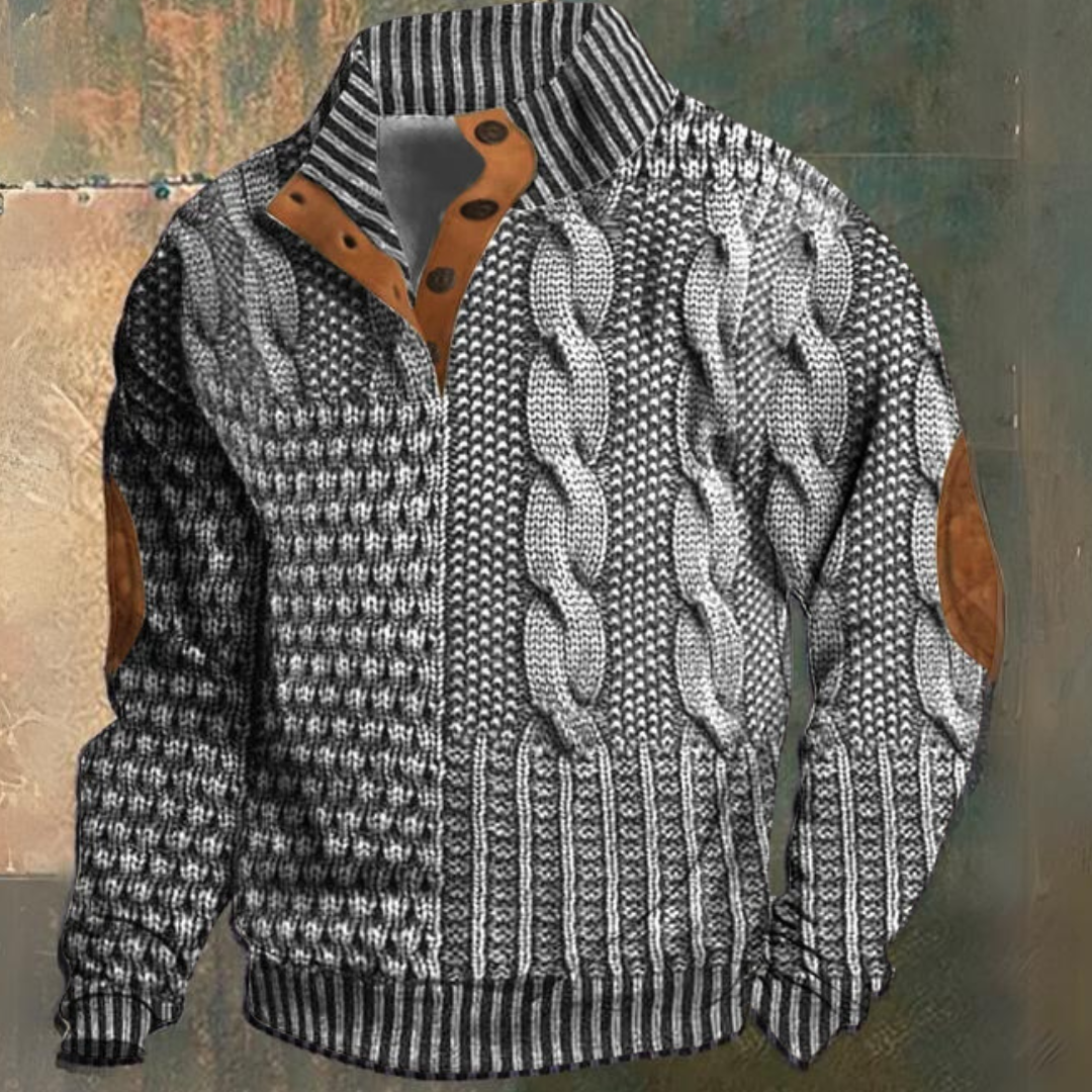 Men's textured cable knit sweater with mock neck and button placket