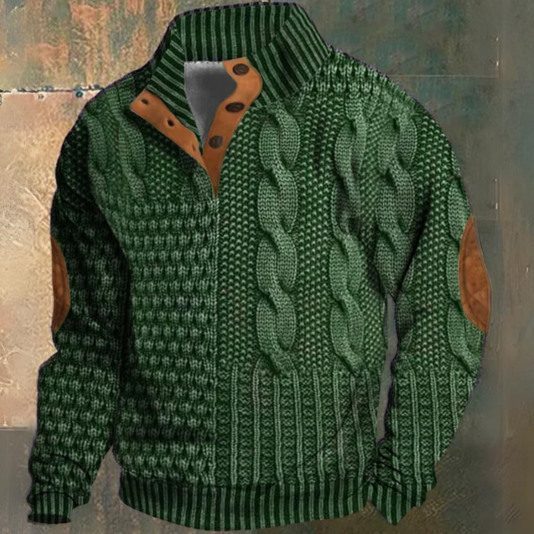 Men's textured cable knit sweater with mock neck and button placket