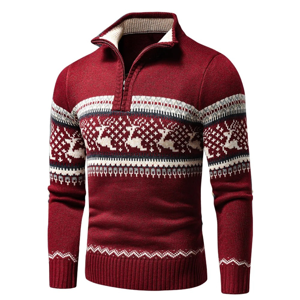 Men's long-sleeved Fair Isle half-zip jumper with mock neck and ribbed trims